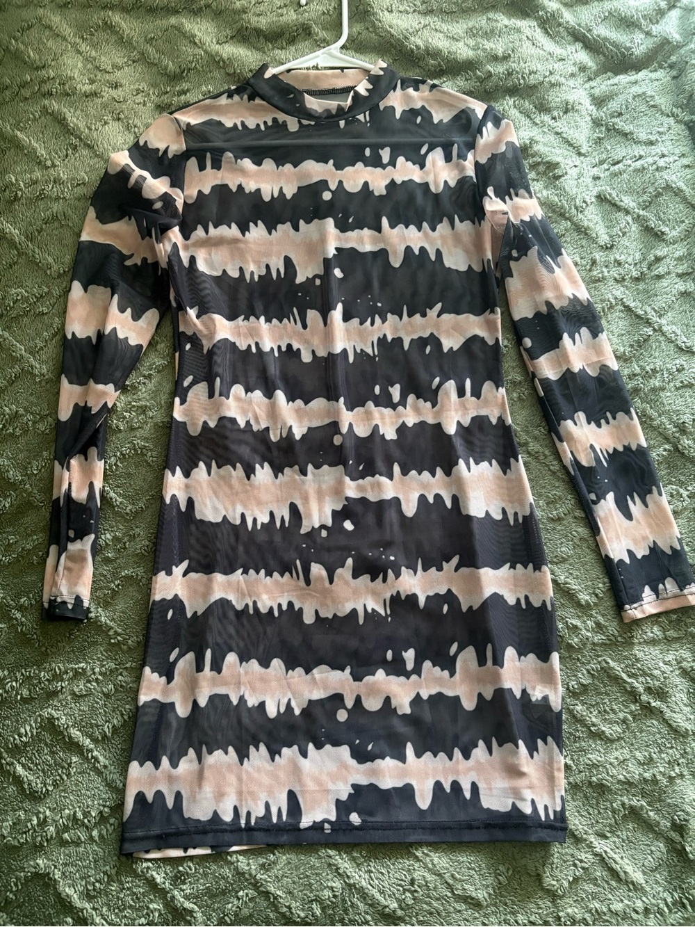 Long Sleeve Mesh Tie-Dye Bodycon Dress in Black and Beige
